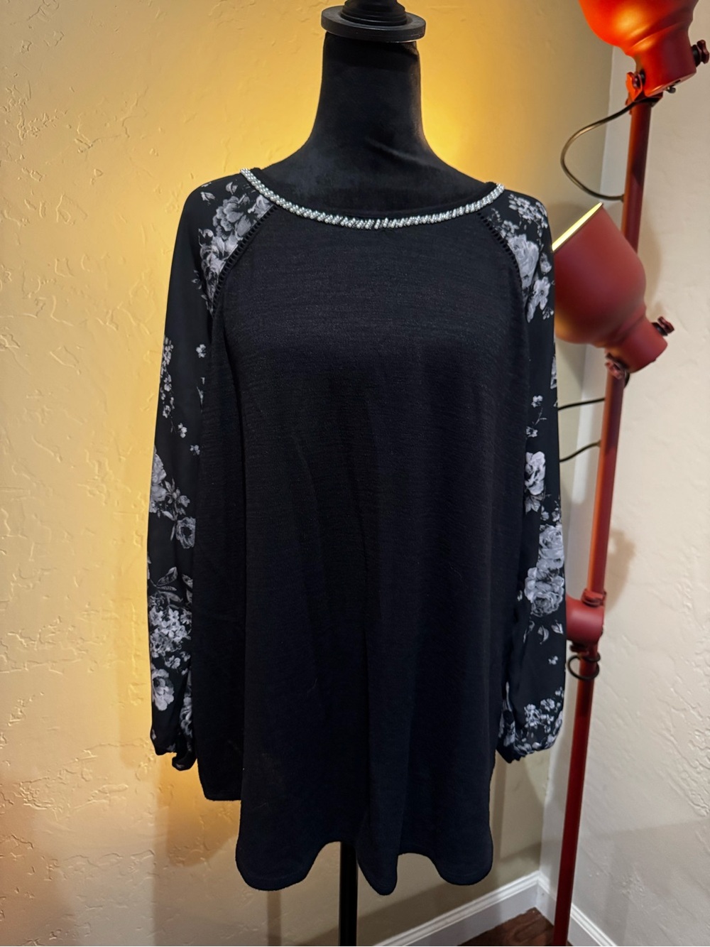 dressbarn Black Tunic with Floral Print Long Sleeves and Rhinestone Neckline